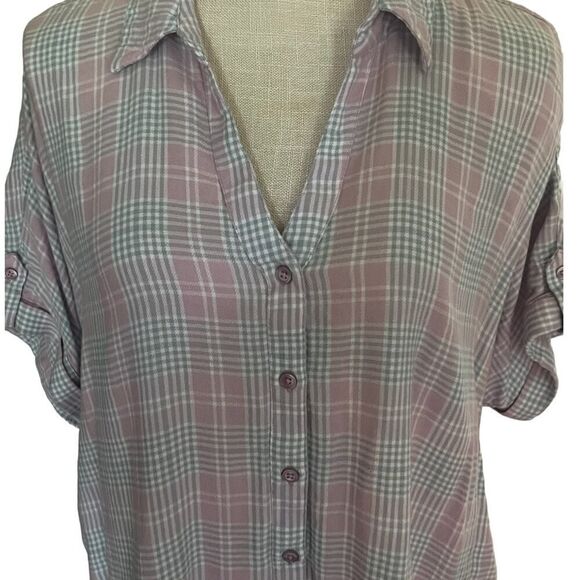 Large Pink & Gray Checkerboard Button Down V Neck Cuff Sleeve Top Gloria Van - Picture 2 of 5